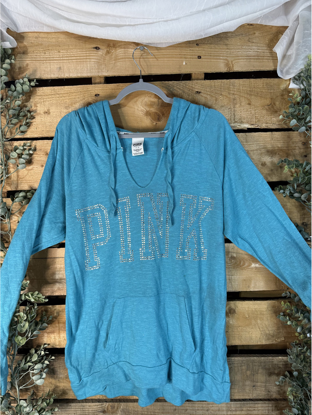 PINK Victoria's Secret Blue Hoodie with Rhinestone Logo Size L